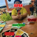 WW2 meme | JAPAN; LOSING NAGASAKI AND HIROSHIMA; WINING THE WAR; USA; NUKES | image tagged in last uno card | made w/ Imgflip meme maker