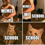 man holding dog but cat is sad | MEMES; MEMES; SCHOOL; ME; ME; SCHOOL         SCHOOL | image tagged in man holding dog but cat is sad | made w/ Imgflip meme maker