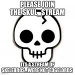 skull stream ad | PLEASE JOIN THE SKUL_STREAM; ITS A STREAM OF SKELEBROS...WERE NOT EDGELORDS | image tagged in stream ad,pls join | made w/ Imgflip meme maker