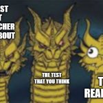 School Tests | THE TEST THAT THE TEACHER TALKS ABOUT; THE REAL TEST; THE TEST THAT YOU THINK | image tagged in 3 dragon heads | made w/ Imgflip meme maker