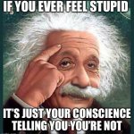 If You Ever Feel Stupid | IF YOU EVER FEEL STUPID; IT’S JUST YOUR CONSCIENCE TELLING YOU YOU’RE NOT | image tagged in einstein,fun,perspective,stupid,consciousness,expanding brain | made w/ Imgflip meme maker