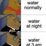 water | water normally; water at night; water at 3 am | image tagged in increasingly fancier pooh,3am,water,winnie the pooh,memes,barney will eat all of your delectable biscuits | made w/ Imgflip meme maker