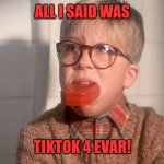 Tiktok 4 evar | ALL I SAID WAS; TIKTOK 4 EVAR! | image tagged in christmas story ralphie bar soap in mouth,bad words,nope nope nope,not that | made w/ Imgflip meme maker
