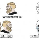 People Named Brandon Gotta Be Maaaad | LETS GO BRANDON; MY NAME IS BRANDON! | image tagged in watch me trigger him,lets go brandon,biden,normie,leftist | made w/ Imgflip meme maker