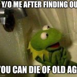 AAAAAAAAAA | 6 Y/O ME AFTER FINDING OUT; YOU CAN DIE OF OLD AGE | image tagged in kermit crying terrified in shower | made w/ Imgflip meme maker