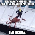 octopus | HOW MANY TICKLES DOES IT TAKE TO MAKE AN OCTOPUS LAUGH? TEN TICKLES. | image tagged in octopus | made w/ Imgflip meme maker