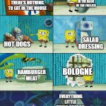 Mom when I say there's nothing to eat in the house | THERE'S NOTHING TO EAT IN THE HOUSE CHICKEN IN THE BACK OF THE FREEZER HOT DOGS SALAD DRESSING HAMBURGER MEAT BOLOGNE EVERYTHING LITTLE THIN | image tagged in spongebob shows patrick garbage | made w/ Imgflip meme maker