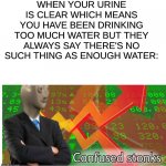 confused stonks | WHEN YOUR URINE IS CLEAR WHICH MEANS YOU HAVE BEEN DRINKING TOO MUCH WATER BUT THEY ALWAYS SAY THERE'S NO SUCH THING AS ENOUGH WATER: | image tagged in confused stonks | made w/ Imgflip meme maker