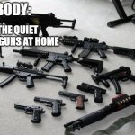 hi | NOBODY:; THE QUIET KIDS GUNS AT HOME | image tagged in guns | made w/ Imgflip meme maker