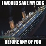 Save my Dog First from a Sinking Ship | I WOULD SAVE MY DOG BEFORE ANY OF YOU | image tagged in titanic sinking | made w/ Imgflip meme maker
