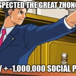 Zhong xina | DISRESPECTED THE GREAT ZHONG CENA; GUILTY + -1,000,000 SOCIAL POINTS | image tagged in ace attorney 17th admendment | made w/ Imgflip meme maker