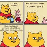 Be hOnESt wHo iS JuST ScRolliNg | Copied and pasted comments with a MrBeast profile picture on random videos | image tagged in winnie the pooh but you know what i don t like | made w/ Imgflip meme maker