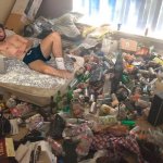 Guy in messy room surrounded by trash meme