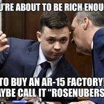 You’re rich beeitch! | YOU’RE ABOUT TO BE RICH ENOUGH; TO BUY AN AR-15 FACTORY! MAYBE CALL IT “ROSENUBERS”? | image tagged in kyle rittenhouse stand lawyer advice | made w/ Imgflip meme maker