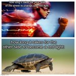 bruh | how long it takes for your side of the street to change to a red light: how long it takes for the other side to become a red light: | image tagged in fast vs slow | made w/ Imgflip meme maker
