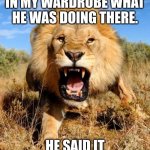 lion | I ASKED THE LION IN MY WARDROBE WHAT HE WAS DOING THERE. HE SAID IT WAS NARNIA BUSINESS. | image tagged in lion | made w/ Imgflip meme maker