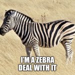 I'm zebra, deal with it | I'M A ZEBRA
DEAL WITH IT | image tagged in zebra,deal with it | made w/ Imgflip meme maker