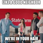 Like a good neighbor, but in your hair | LIKE A GOOD NEIGHBOR; WE'RE IN YOUR HAIR | image tagged in superbowl liv | made w/ Imgflip meme maker