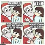 Oof, should have been more specific | YES? I WISH THAT FOR
JUST ONE DAY... OK, YOU CAN SPEND
ONE DAY IN 1942; THE DOLLAR AND GALLON
VALUES WERE SWAPPED
AT THE GAS PUMPS! | image tagged in santa wish dragon | made w/ Imgflip meme maker