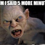 5 MORE MINUTES | MOM I SAID 5 MORE MINUTES | image tagged in gollum lord of the rings | made w/ Imgflip meme maker