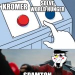kromer | SOLVE WORLD HUNGER; KROMER; SPAMTON | image tagged in sonic button decision,spamton | made w/ Imgflip meme maker
