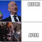 Jeff Bezos Happy But Then... | BEFORE; 🧪; AFTER | image tagged in jeff bezos happy but then,zombie | made w/ Imgflip meme maker