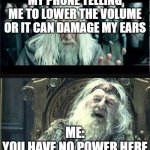 Meme | MY PHONE TELLING ME TO LOWER THE VOLUME OR IT CAN DAMAGE MY EARS; ME:
YOU HAVE NO POWER HERE | image tagged in you have no power here | made w/ Imgflip meme maker