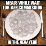 Plate of Ice Cubes | MEALS WHILE WAIT FOR  AEP COMMISSION; IN THE NEW YEAR | image tagged in plate of ice cubes | made w/ Imgflip meme maker