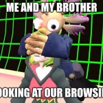 Smg4 Axol covering Melony's eyes | ME AND MY BROTHER; MUM LOOKING AT OUR BROWSING DATA | image tagged in smg4 axol covering melony's eyes | made w/ Imgflip meme maker