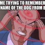 WHAT IS HIS NAME?! | ME TRYING TO REMEMBER THE NAME OF THE DOG FROM BOLT | image tagged in me trying to remember | made w/ Imgflip meme maker