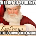 Student Naughty List | THE LIST OF STUDENTS; WHO NEED TO SUBMIT THEIR ASSIGNMENTS | image tagged in santa naughty list,submit your work,late work,late assignments | made w/ Imgflip meme maker