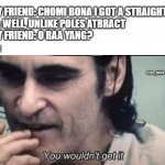 not at all | GAY FRIEND: CHOMI BONA I GOT A STRAIGHT A
ME: WELL, UNLIKE POLES ATRRACT
GAY FRIEND: O RAA YANG?
ME:; 1501_BABY | image tagged in you wouldnt get it | made w/ Imgflip meme maker