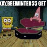 Spongebob and Patrick want Beewinter55 dead | OKAY,BEEWINTER55 GET IN | image tagged in spongebob coffin | made w/ Imgflip meme maker