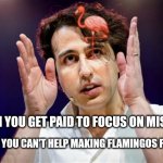 Man floating flamingo | WHEN YOU GET PAID TO FOCUS ON MISERY; BUT YOU CAN'T HELP MAKING FLAMINGOS FLOAT | image tagged in man floating flamingo | made w/ Imgflip meme maker