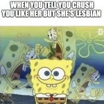 Sponge Bob Scream | WHEN YOU TELL YOU CRUSH YOU LIKE HER BUT SHE'S LESBIAN | image tagged in sponge bob scream,relatable,relationships | made w/ Imgflip meme maker