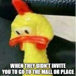 Sad chicken | WHEN THEY DIDN'T INVITE YOU TO GO TO THE MALL OR PLACE | image tagged in sad chicken | made w/ Imgflip meme maker