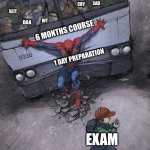 Exam preparation | IP; SM; SAD; CRY; SEIT; WT; DAA; 6 MONTHS COURSE; 1 DAY PREPARATION; EXAM | image tagged in spiderman holding train | made w/ Imgflip meme maker