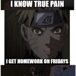 My new template! Feel free to use it! | I KNOW TRUE PAIN; I GET HOMEWORK ON FRIDAYS; YOU KNOW TRUE PAIN | image tagged in you know true pain | made w/ Imgflip meme maker