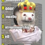 RatKingOfNT | C; ommunity; H; onor; E; mpathy; ntrepreneurship; E; S; elf-; E; fficiency | image tagged in ratkingofnt | made w/ Imgflip meme maker