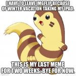 I shall return | I HAVE TO LEAVE IMGFLIP BECAUSE OF WINTER VACATION TAKING MY IPAD. THIS IS MY LAST MEME FOR TWO WEEKS. BYE FOR NOW. | image tagged in furret wave | made w/ Imgflip meme maker