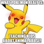 Pikachu | WHAT POKEMON REALY IS:; TEACHING KIDS ABOUT ANIMAL ABUSE! | image tagged in pikachu | made w/ Imgflip meme maker