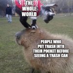 +100 respect | THE WHOLE WORLD; PEOPLE WHO PUT TRASH INTO THEIR POCKET BEFORE SEEING A TRASH CAN | image tagged in capybara,environment | made w/ Imgflip meme maker