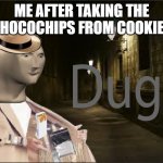 dugs | ME AFTER TAKING THE CHOCOCHIPS FROM COOKIES | image tagged in dugs,memes,unfunny,fun | made w/ Imgflip meme maker