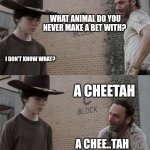 Rick and Carl | WHAT ANIMAL DO YOU NEVER MAKE A BET WITH? I DON'T KNOW WHAT? A CHEETAH A CHEE..TAH | image tagged in memes,rick and carl | made w/ Imgflip meme maker