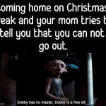 You are a free elf. | Coming home on Christmas 
break and your mom tries to 
tell you that you can not 
go out. | image tagged in dobby has no master,christmas,moms,home | made w/ Imgflip meme maker