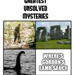 unsolved mysteries | WHERE'S GORDON'S LAMB SAUCE | image tagged in unsolved mysteries,memes,gordon ramsey,chef,lamb sauce,stop reading the tags | made w/ Imgflip meme maker