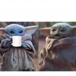 Baby Yoda drinking surprised