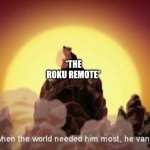 Seriously how tf does the damn remote manage to go missing every time?! | *THE ROKU REMOTE* | image tagged in but when the world needed him most he vanished,roku,tv,remote control | made w/ Imgflip meme maker