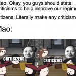 Mao The Dong | Mao: Okay, you guys should state criticisms to help improve our regime. Citizens: Literally make any criticism; Mao:; CRITICIZERS; CRITICIZERS | image tagged in oversimplified beheaded man,ccp,mao,history memes,china memes,oversimplified memes | made w/ Imgflip meme maker