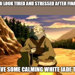 Calming white jade tea is what we all need now Iroh | YOU LOOK TIRED AND STRESSED AFTER FINALS; HAVE SOME CALMING WHITE JADE TEA | image tagged in enlightened iroh,memes | made w/ Imgflip meme maker